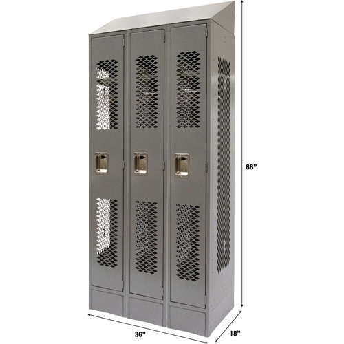 Vented Lockers, Bank of 3, 36" x 18" x 88", Steel, Grey, Knocked Down, Perforated Auto Electric Service Ltd.