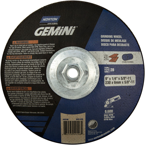 Gemini&reg; Saucer Wheel, 9" x 1/4", 5/8"-11 Arbor, Aluminum Oxide, Type 28 Auto Electric Service Ltd.