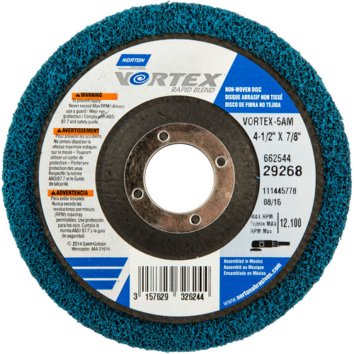 Meule non tiss&eacute;e Vortex, 4-1/2" dia. x 1/2" la, Arbre 7/8", Oxyde d'aluminium Auto Electric Service Ltd.