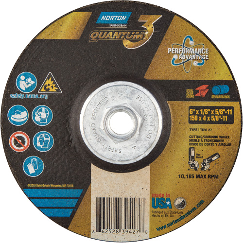 Disque de rectification et de tronçonnage Quantum3, 6" x 1/8", Arbre de 5/8"-11, Type 27, Grain de 24, C&eacute;ramique d'alumine Auto Electric Service Ltd.
