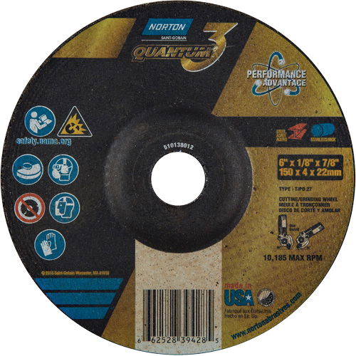 Disque de rectification et de tronçonnage Quantum3, 6" x 1/8", Arbre de 7/8", Type 27, Grain de 24, C&eacute;ramique d'alumine Auto Electric Service Ltd.