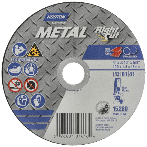 Meule &agrave; tronçonner m&eacute;tallique pour coupe &agrave; angle droit RightCut, 4-1/2" x 0,04", Arbre de 7/8", Type 01/41, Oxyde d'aluminium, 13580 Tr/min Auto Electric Service Ltd.