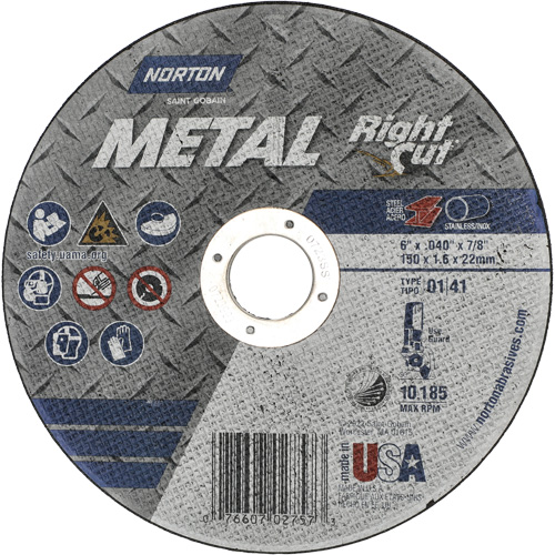 Meule &agrave; tronçonner m&eacute;tallique pour coupe &agrave; angle droit RightCut, 6" x 0,04", Arbre de 7/8", Type 01/41, Oxyde d'aluminium, 10185 Tr/min Auto Electric Service Ltd.