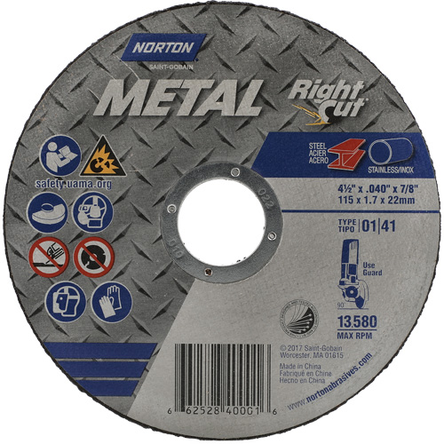 Meule &agrave; tronçonner m&eacute;tallique pour coupe &agrave; angle droit RightCut, 4-1/2" x 0,045", Arbre de 7/8", Type 01/41, Oxyde d'aluminium, 13580 Tr/min Auto Electric Service Ltd.