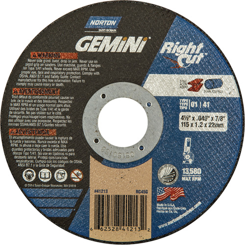 Meule &agrave; tronçonner pour coupe &agrave; angle droit RightCut Gemini, 4-1/2" x 0,045", Arbre de 7/8", Type 01/41, Oxyde d'aluminium, 13580 Tr/min Auto Electric Service Ltd.