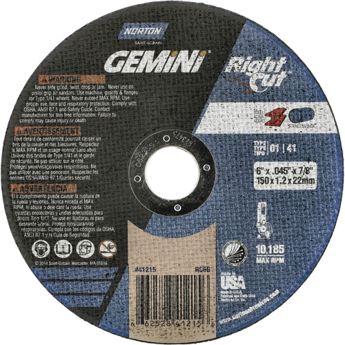 Meule &agrave; tronçonner pour coupe &agrave; angle droit RightCut Gemini, 6" x 0,045", Arbre de 7/8", Type 01/41, Oxyde d'aluminium, 10185 Tr/min Auto Electric Service Ltd.
