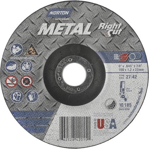 Meule &agrave; tronçonner m&eacute;tallique pour coupe &agrave; angle droit RightCut, 6" x 0,045", Arbre de 7/8", Type 27/42, Oxyde d'aluminium, 10190 Tr/min Auto Electric Service Ltd.