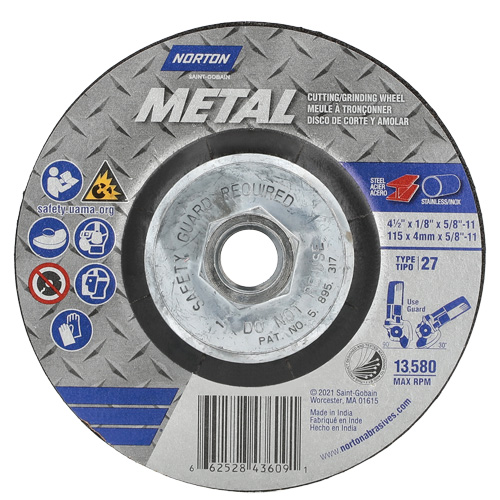 Disque de meulage et tronçonnage m&eacute;tallique, 4-1/2" x 1/8", Arbre de 5/8"-11, Type 27, Oxyde d'aluminium Auto Electric Service Ltd.
