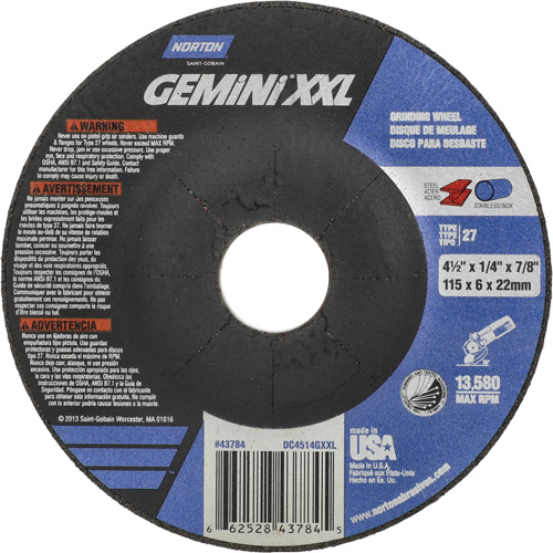 Gemini XXL Grinding Wheel, 4-1/2" x 1/4", 7/8" Arbor, Aluminum Oxide, Type 27 Auto Electric Service Ltd.