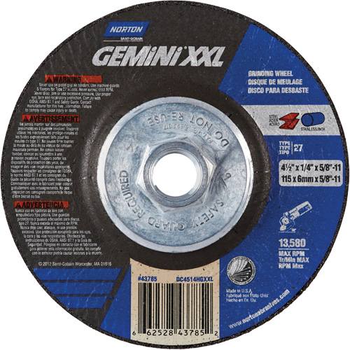 Gemini XXL Grinding Wheel, 4-1/2" x 1/4", 5/8"-11 Arbor, Aluminum Oxide, Type 27 Auto Electric Service Ltd.