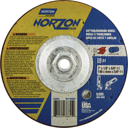 Disque de meulage et tronçonnage NorZon Plus SGZ, 7" x 1/8", Arbre de 5/8"-11, Type 27, C&eacute;ramique d'alumine Auto Electric Service Ltd.