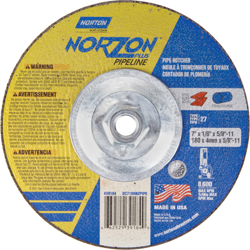 Meule &agrave; tronçonner &agrave; angle droit NorZon Plus SGZ, 7" x 1/8", Arbre de 5/8"-11, Type 27/42, C&eacute;ramique d'alumine, 8600 Tr/min Auto Electric Service Ltd.
