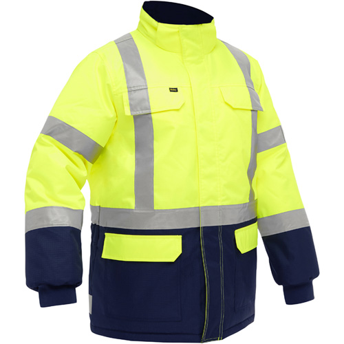Manteau pour le froid extr&ecirc;me avec bas bleu marin et X au dos Bisley, Polyester, Jaune lime haute visibilit&eacute;, T-Grand Auto Electric Service Ltd.