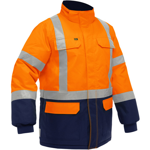 Manteau pour le froid extr&ecirc;me avec bas bleu marin et X au dos Bisley, Polyester, Orange haute visibilit&eacute;, 4T-Grand Auto Electric Service Ltd.