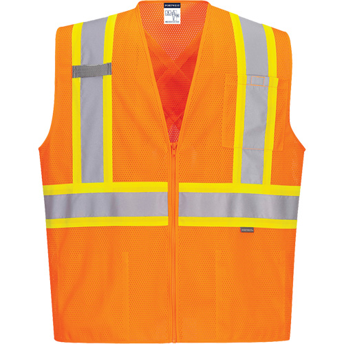 Contrast-Striped Safety Vest, High Visibility Orange, Small, Polyester Auto Electric Service Ltd.