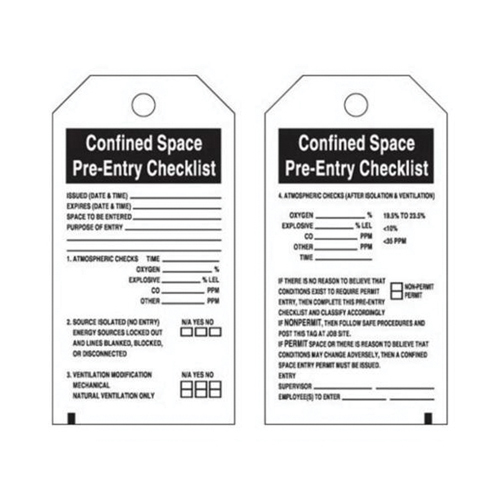 "Confined Space" Tags, Polyester, 3" W x 5-3/4" H, English Auto Electric Service Ltd.