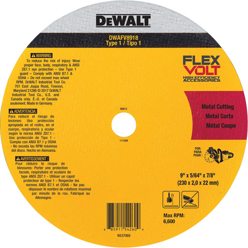Meule de tronçonnage des m&eacute;taux FlexVolt, 9-1/16" x 0,078", Arbre 22,23 mm, C&eacute;ramique, Type 1 Auto Electric Service Ltd.