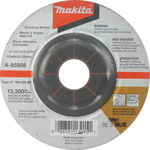 Meule inox, 4-1/2" x 1/4", Arbre 7/8", Oxyde d'aluminium, Type 27 Auto Electric Service Ltd.