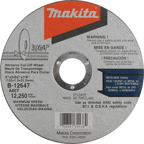Thin Kerf Cut-Off Wheel, 5" x 3/64", 7/8" Arbor, Type 1, Aluminum Oxide, 12250 RPM Auto Electric Service Ltd.