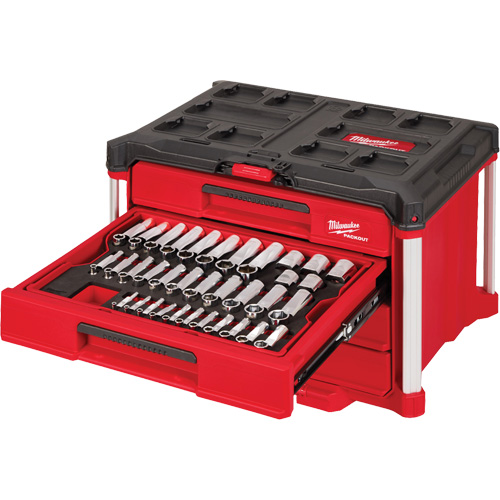 242-Piece 1/4”, 3/8” & 1/2” Drive Metric & SAE Ratchet & Socket Set with PACKOUT 4-Drawer Tool Box, 16-3/10" x 22-1/5" x 14-3/10", Black/Red Auto Electric Service Ltd.