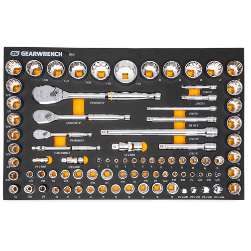 Jeu d'outils SAE/m&eacute;triques pour m&eacute;canicien &agrave; 90 dents 1/4", 3/8" & 1/2" avec plateau de rangement en mousse Auto Electric Service Ltd.