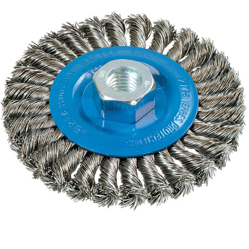 Brosse rotative &agrave; fils nou&eacute;s large, Dia. 4-1/2", Fils 0,02", Arbre 5/8"-11, Aluminium/Acier inoxydable Auto Electric Service Ltd.