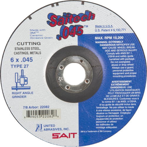 Cut-Off Wheel, 6" x 0.045", 7/8" Arbor, Type 27, Aluminum Oxide/Ceramic, 10200 RPM Auto Electric Service Ltd.