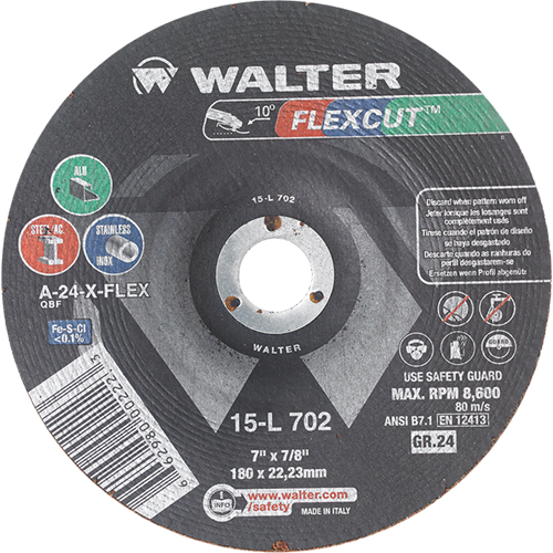 Meules &agrave; moyeu d&eacute;port&eacute; Flexcut, 7", 24 Grain, Oxyde d'aluminium, 7/8", 8600 Tr/min, Type 29 Auto Electric Service Ltd.