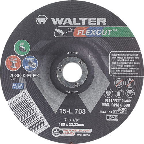 Meules &agrave; moyeu d&eacute;port&eacute; Flexcut, 7", 36 Grain, Oxyde d'aluminium, 7/8", 8600 Tr/min, Type 29 Auto Electric Service Ltd.