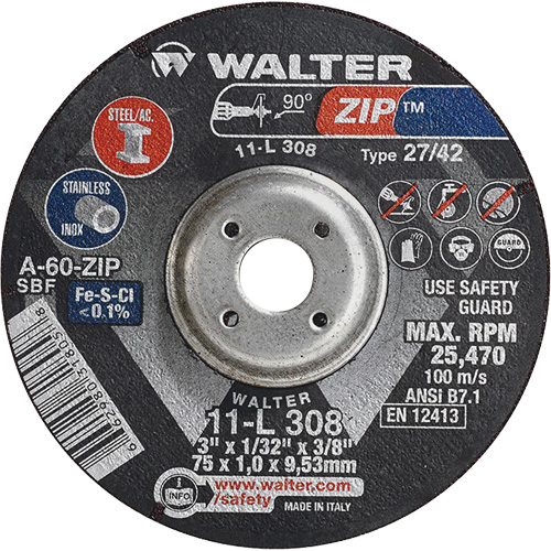 Disque de meulage et de tronçonnage Zip, 3" x 1/13", Arbre de 3/8", Type 27, Grain de 60, Oxyde d'aluminium Auto Electric Service Ltd.