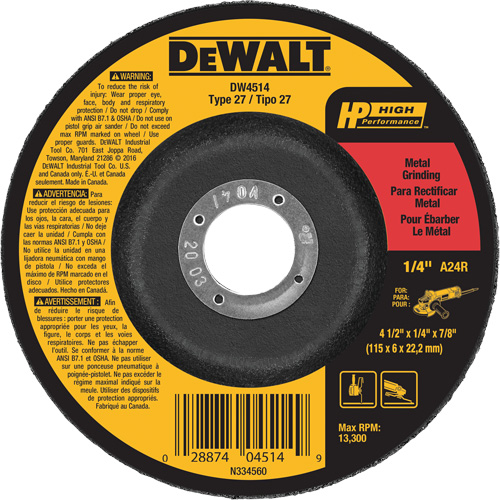 High Performance Metal Grinding Wheel, 4-1/2" x 1/4", 7/8" Arbor, Aluminum Oxide, Type 27 Auto Electric Service Ltd.