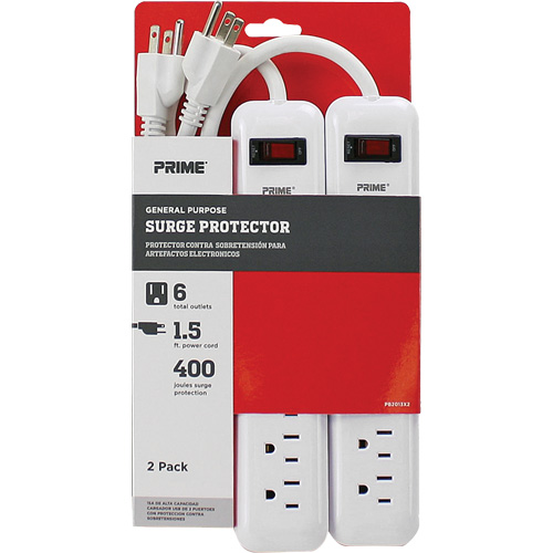 Barre multiprise limiteur de surtension, paquet de 2, 6 Prises, 400 J, 1875 W, Cordon 1,5' Auto Electric Service Ltd.