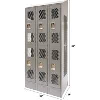 Vented Lockers, 2 -tier, Bank of 3, 36" x 18" x 88", Steel, Grey, Knocked Down, Perforated Auto Electric Service Ltd.